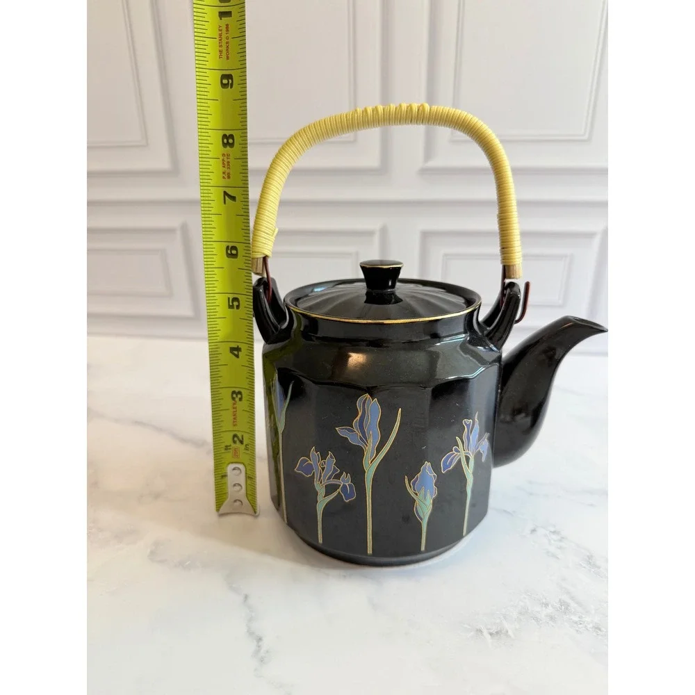 VTG Otagiri Japan Black Blue Iris Teapot‎ Rattan Handle w/4 Teacups Set